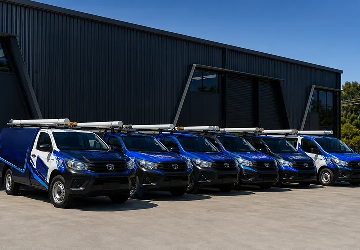 Our plumbing vans lined up before a Bronte shift