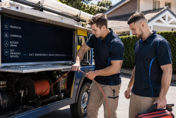 Two plumbers working on a blocked drain in Bronte
