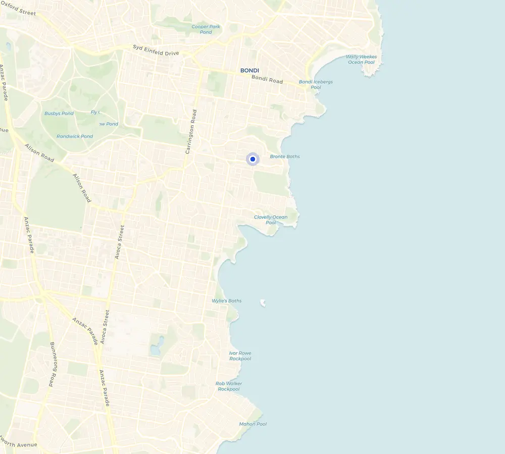Map of the Bronte service area and the surrounding Eastern Suburbs, showing Bronte and the nearby streets we cover.